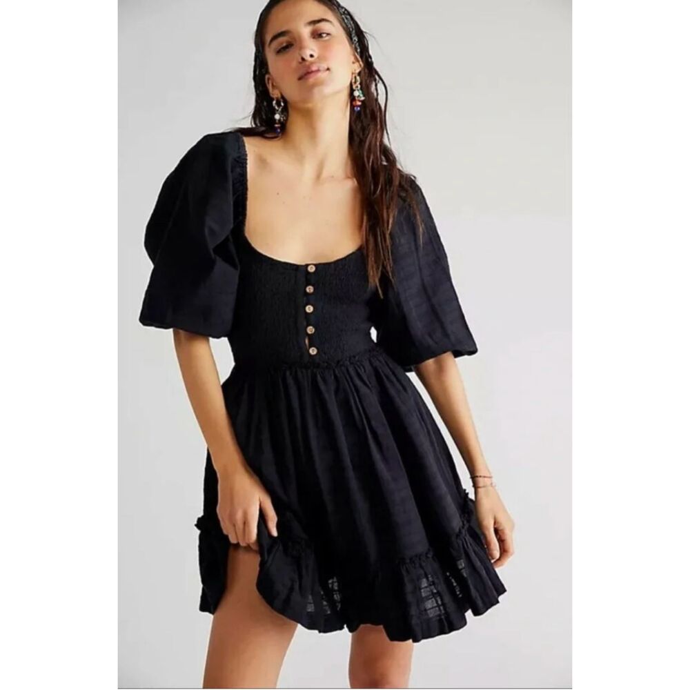FREE PEOPLE Summer Picnic Black Puff Short Sleeve Smocked Mini Dress Womens XS